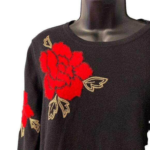 Alfred Dunner Womens Sweater Roses PM‎ Black Red - Picture 1 of 8